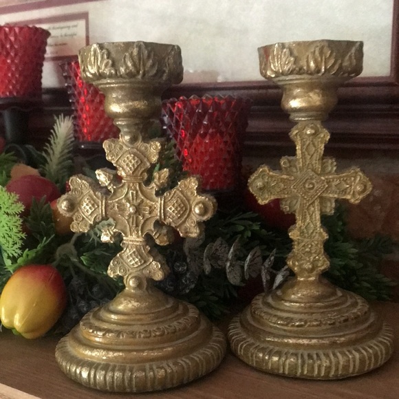 Rare Vintage Gold Cross Candle Holders Set - Picture 5 of 8
